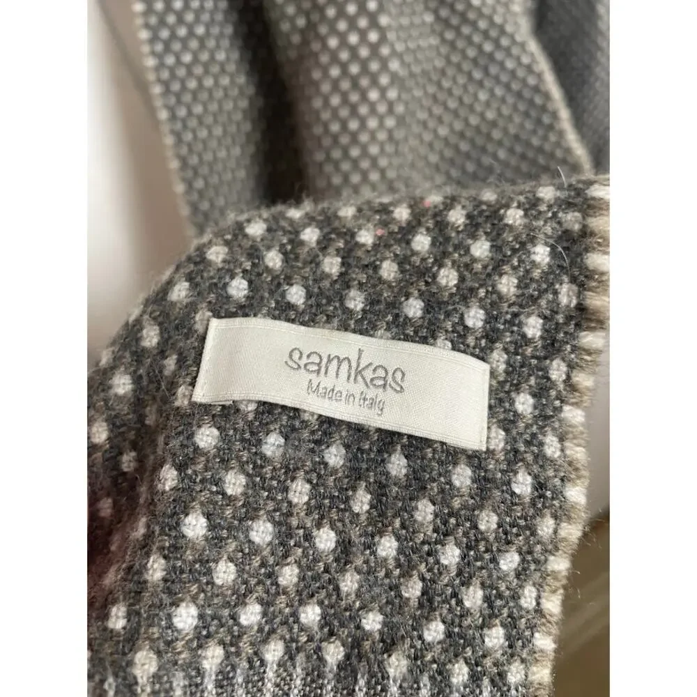 Samkas Wool Polka Dotted Scarf Made in Italy Gray Fringe Wrap 15X74 Rectangle